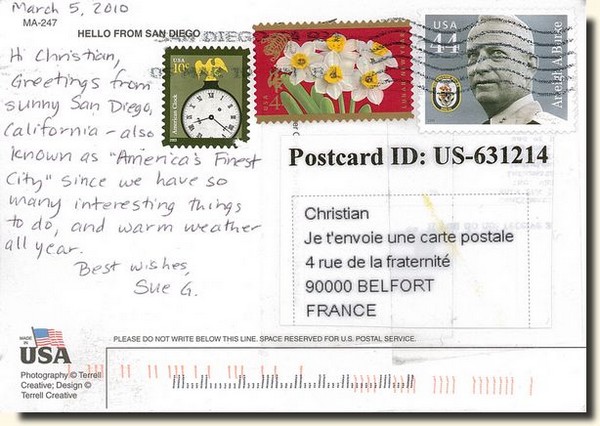A postcard from San Diego, CA (Sue) [back of the postcard]